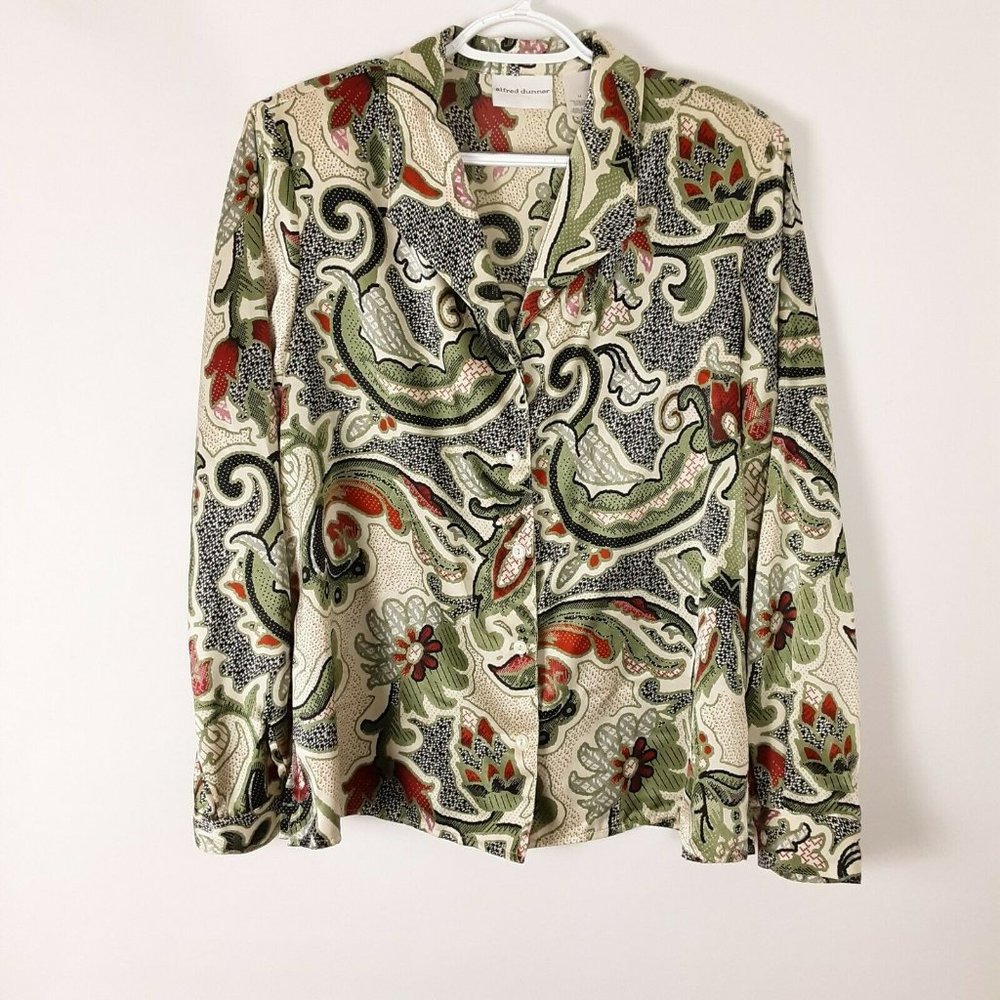 🌻Alfred Dunner Women's Polyester Button Down Shirt Blue Retro boho grannycore